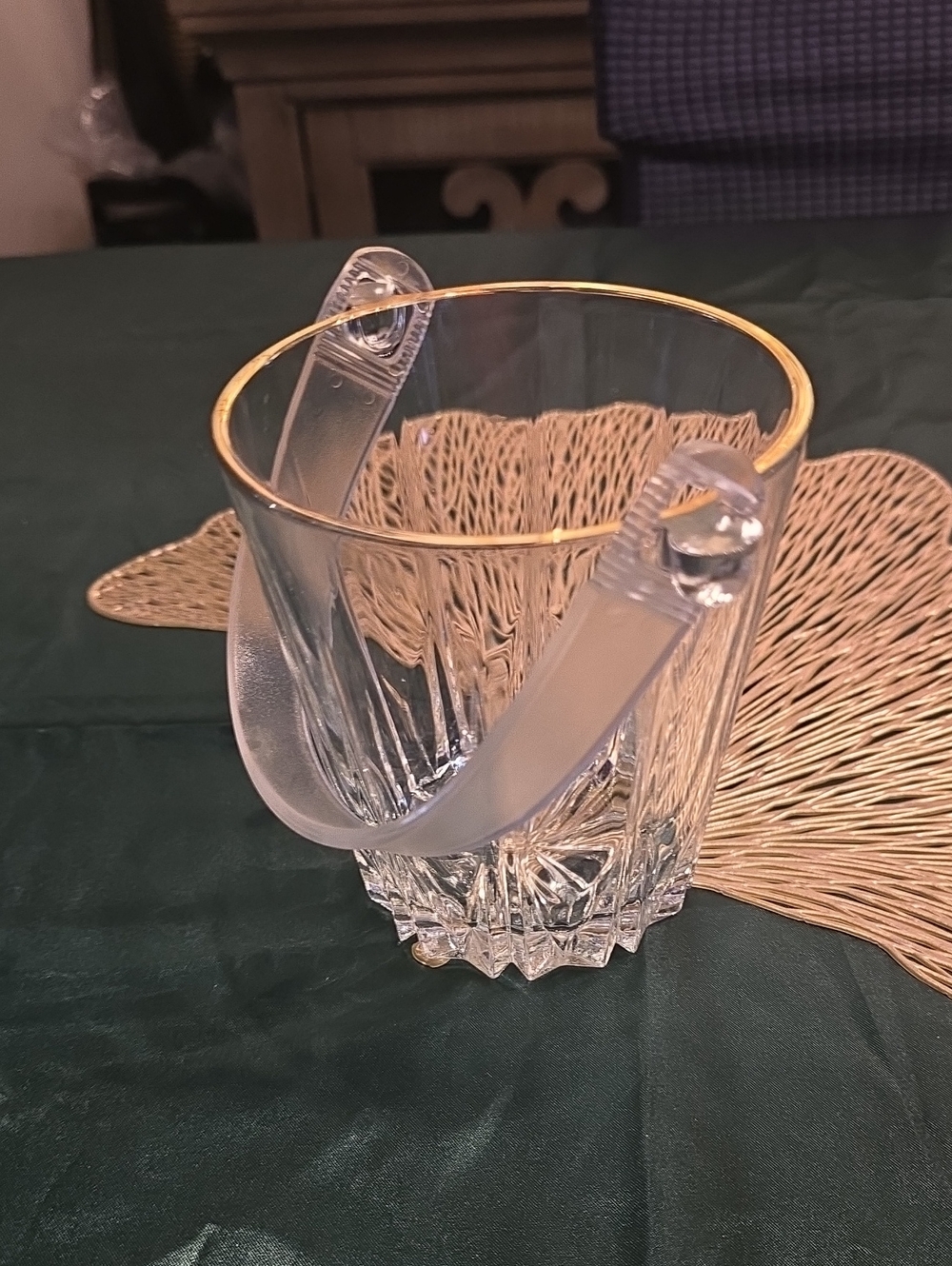 Gold-Rimmed Clear Crystal Ice Bucket with Frosted Handles